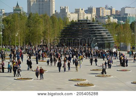 Moscow, Russia - September 23. 2017. View of information pavilion and the entrance to the park Zaryadye.