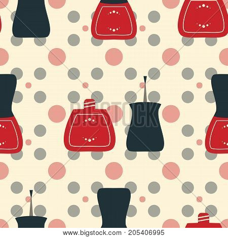 Vector illustration for spa manicure salon. Seamless pattern of nail polish bottles nail brush and lacquer drops. Vintage old style illustration