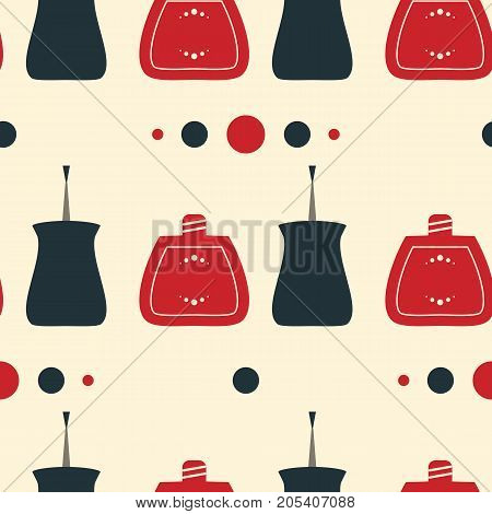 Seamless pattern of nail polish bottles nail brush and lacquer drops. Vector illustration for spa manicure salon. Vintage old style illustration