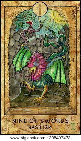 Basilisk. Nine of swords. Fantasy Creatures Tarot full deck. Minor arcana. Hand drawn graphic illustration, engraved colorful painting with occult symbols. Halloween background