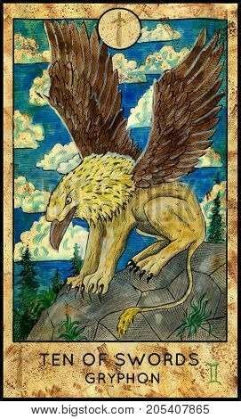 Gryphon. Ten of swords. Fantasy Creatures Tarot full deck. Minor arcana. Hand drawn graphic illustration, engraved colorful painting with occult symbols