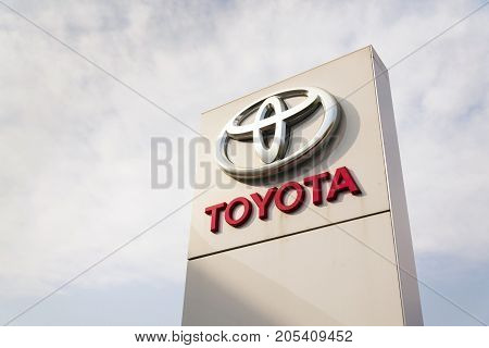 Prague, Czech Republic - September 23: Toyota Motor Corporation Logo On Dealership Building On Septe