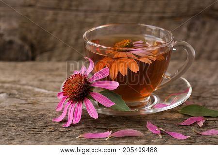 Cup of echinacea tea on old wooden table.