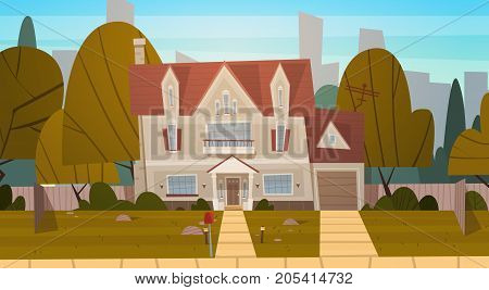 House Building Suburb Of Big City In Summer, Cottage Real Estate Cute Town Concept Flat Vector Illustration