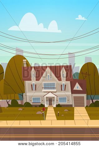House Building Suburb Of Big City In Summer, Cottage Real Estate Cute Town Concept Flat Vector Illustration