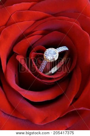 Big ring for engagement with zircons as a suprise for woman suitable as a portrait or background for wedding annoucement