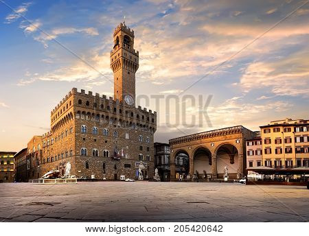 Square of Signoria in Florence at sunrise, Italy