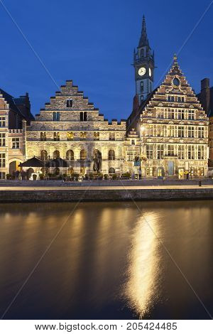 Nighttime long exposure shot of the famous old houses at Graslei in Ghent, Belgium.