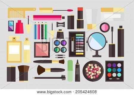 Makeup icons perfume mascara care brushes and comb faced eyeshadow. Glamour accessory. Vector set beauty fashion professional facial cosmetic icon.