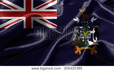 Realistic flag of South Georgia and the South Sandwich Islands on the wavy surface of fabric. This flag can be used in design