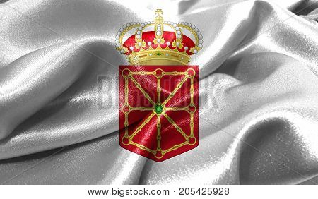 Realistic flag of Navarra coat of arms on the wavy surface of fabric. This flag can be used in design