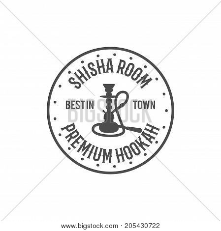 Hookah relax label, badge. Vintage shisha room logo. Lounge cafe emblem. Arabian bar or house, shop. Isolated. Stock vector illustration. Monochrome design.