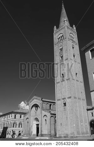 Forli (Emilia Romagna Italy): the Aurelio Saffi square with church of San Mercuriale and other historic buildings. Black and white