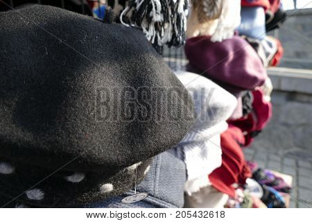Variety Of Hats On A Market