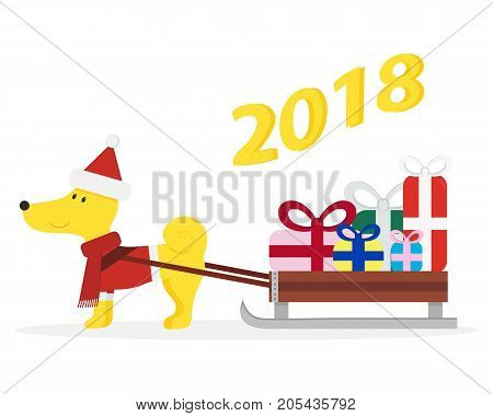 Funny cartoon dog with sleigh and gifts. 2018 New Year symbol. Flat style. Vector illustration.