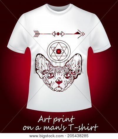 A close-up is a white T-shirt with an interesting print. Angry sphinx and abstraction geometry.