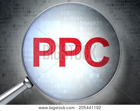 Marketing concept: magnifying optical glass with words PPC on digital background, 3D rendering