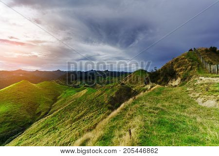 Beautiful scenery of mountains along the way on Whanganui river road in National Park in Autumn Whanganui North Island of New Zealand