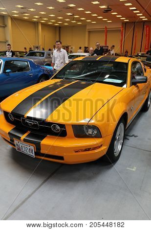 CRACOW POLAND - MAY 20 2017: Ford Mustang GT displayed at 3rd edition of MOTO SHOW in Cracow Poland. Exhibitors present most interesting aspects of the automotive industry