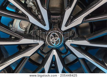 CRACOW POLAND - MAY 20 2017: The wheel of Toyota displayed at 3rd edition of MOTO SHOW in Cracow Poland. Exhibitors present most interesting aspects of the automotive industry