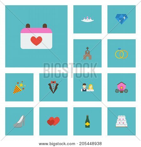 Flat Icons Love, Calendar, Couple And Other Vector Elements