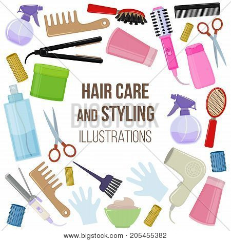 Set of colorful equipments for styling and hair care. Products and tools for home remedies of hair care. Vector