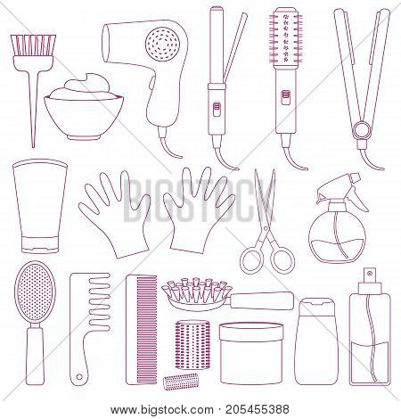 Set of line equipments for styling and hair care. Products and tools for home remedies of hair care. Vector