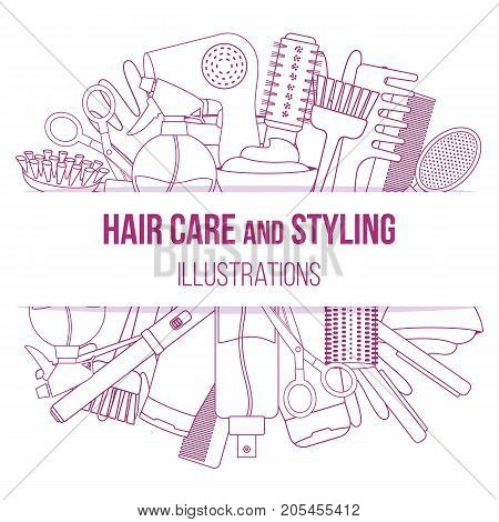Set of line equipments for styling and hair care. Products and tools for home remedies of hair care. Vector