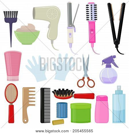 Set of colorful equipments for styling and hair care. Products and tools for home remedies of hair care. Vector