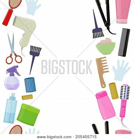 Seamless vertical borders of colorful equipments for styling and hair care. Products and tools for home remedies of hair care. Vector