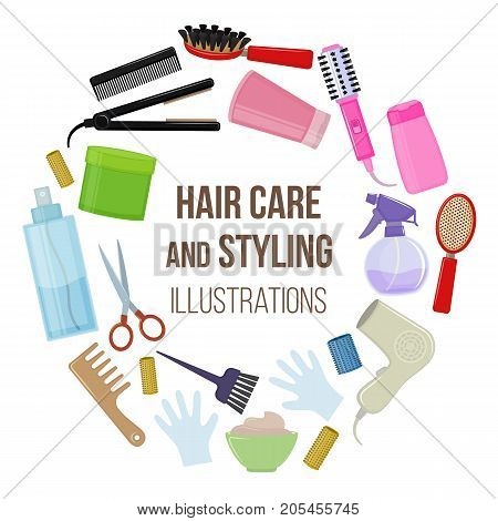 Set of colorful equipments for styling and hair care. Products and tools for home remedies of hair care. Vector