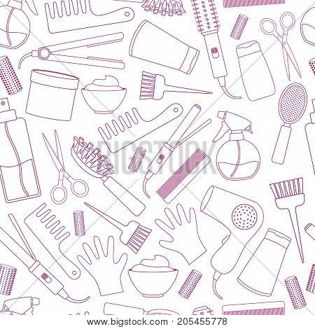 Seamless background of line equipments for styling and hair care. Products and tools for home remedies of hair care. Vector