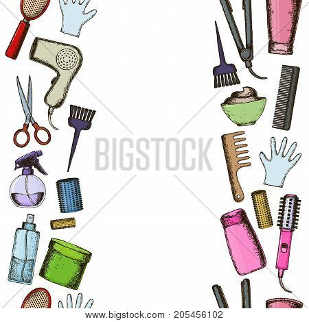 Seamless vertical borders of colorful sketch equipments for styling and hair care. Products and tools for home remedies of hair care. Vector