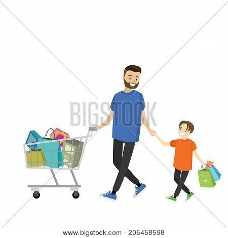 Father and son with shopping bags. Big discount in store. Flat design isolated on white background, cartoon vector illustration