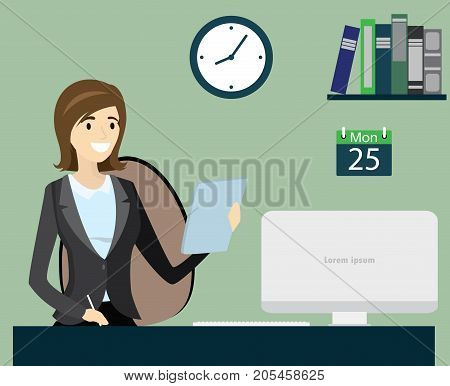 Office worker or business woman working.Cartoon stock vector illustration