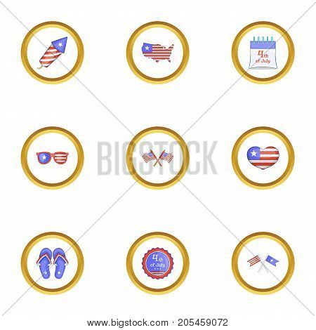 Fourth of July day icons set. Cartoon style set of 9 fourth of July day vector icons for web design