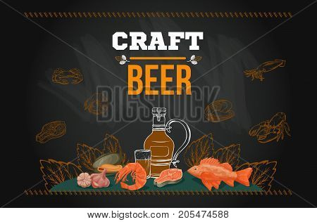 Beer menu template in sketch hand drawn style on chalkboard including bottles, glasses, growler, pint, hop, fish, shrimp, seafood, for poster or banner