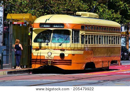 September 19, 2017 in San Francisco, CA:  Railway Street Car which is part of the local transit system taken in San Francisco, CA where people can ride these historic rail cars between the Castro and Fisherman's Warf on Market Street