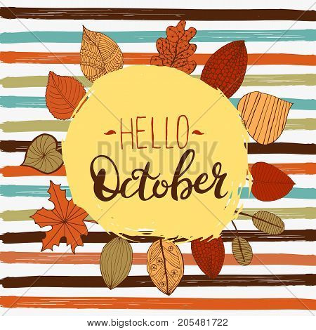 Hello october autumn flyer template with lettering. Bright fall leaves. Poster, card, label, banner design. Vector illustration