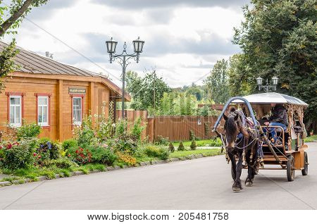 Horse with a carriage for walking around the city of Suzdal. Golden Ring of Russia