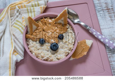 Kids breakfast porridge with fruits and nuts look like a fox
