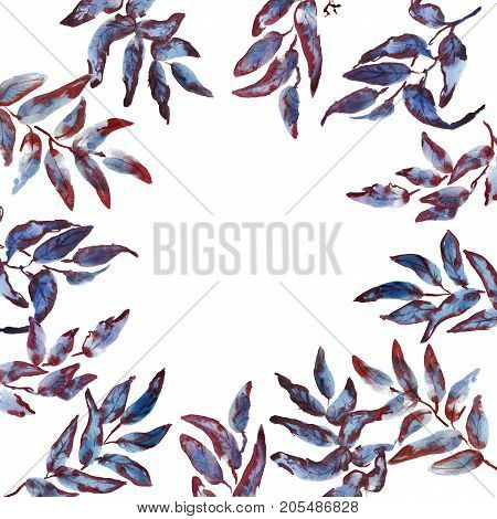 Hand drawing watercolor beautiful rowan autumn leaves frame