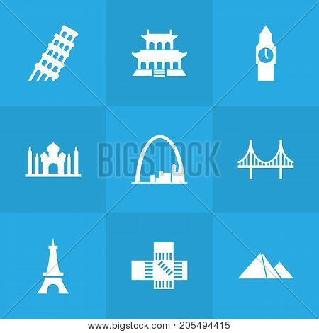 Collection Of Japan, London, The Forbidden City And Other Elements.  Set Of 9 Famous Icons Set.
