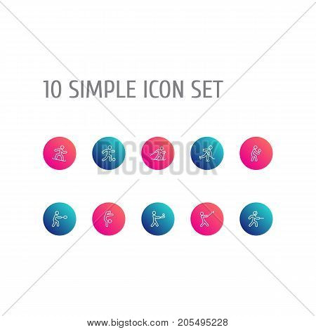 Collection Of Swordplay, Snowboard, Player And Other Elements.  Set Of 10 Athletic Outline Icons Set.