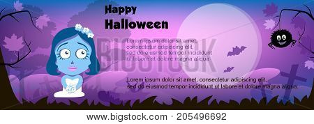 Happy Halloween vector illustration. The dead bride in the cemetery at night.