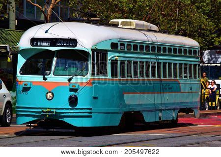 September 19, 2017 in San Francisco, CA:  Railway Street Car which is part of the public transit system taken in San Francisco, CA where people can ride of these historic refurbished street cars between the Castro and Fisherman's Warf on Market Street
