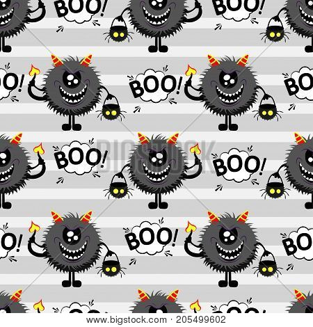 Abstract seamless pattern for girls or boys. Creative vector background with fluffy monster with horns and a tail basket for sweets in the form of a skull halloween. Funny wallpaper for textile. Halloweeen pattern. Cute kids pattern. Halloween boo pattern