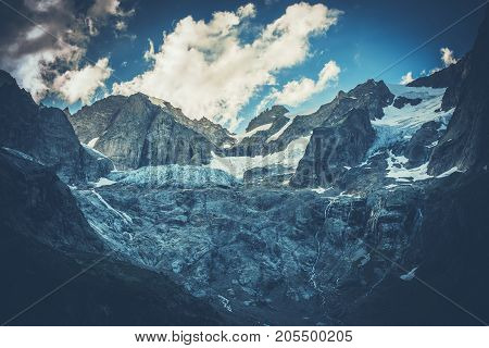 Scenic Mountain Glacier. Italian Alps. Part of Mont Blanc Mountain Range. Raw Alpine Scenery