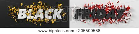 black friday header with text and exploding background. 3d illustration. with red and white inner pieces.suitable for any black friday theme.