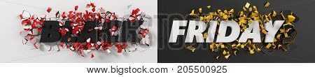 black friday header with text and exploding background. 3d illustration. with red and white inner pieces.suitable for any black friday theme.